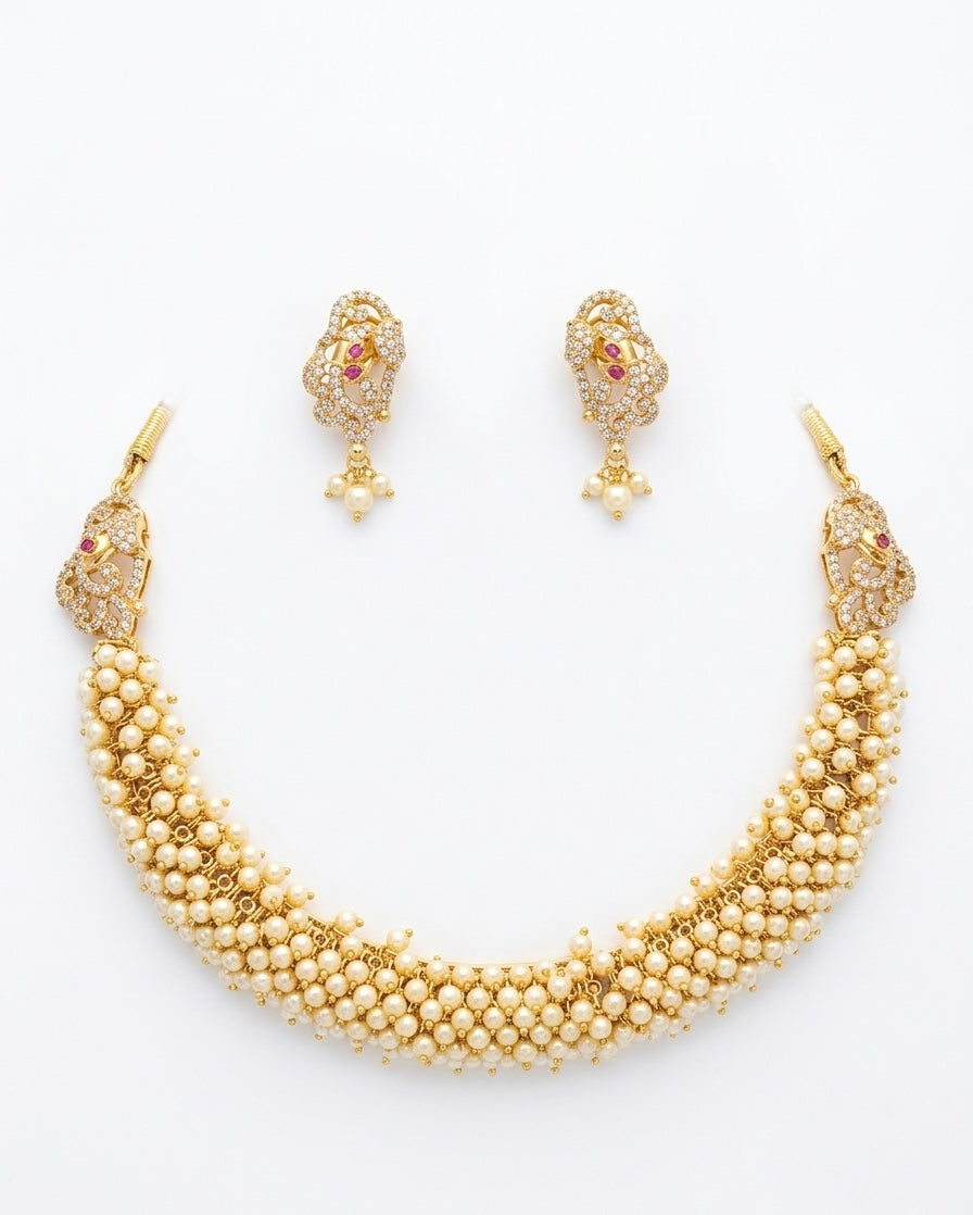 Exquisite Pearl Choker Necklace & Earring Set with Rubies & Diamonds | by LOLSTUDIO