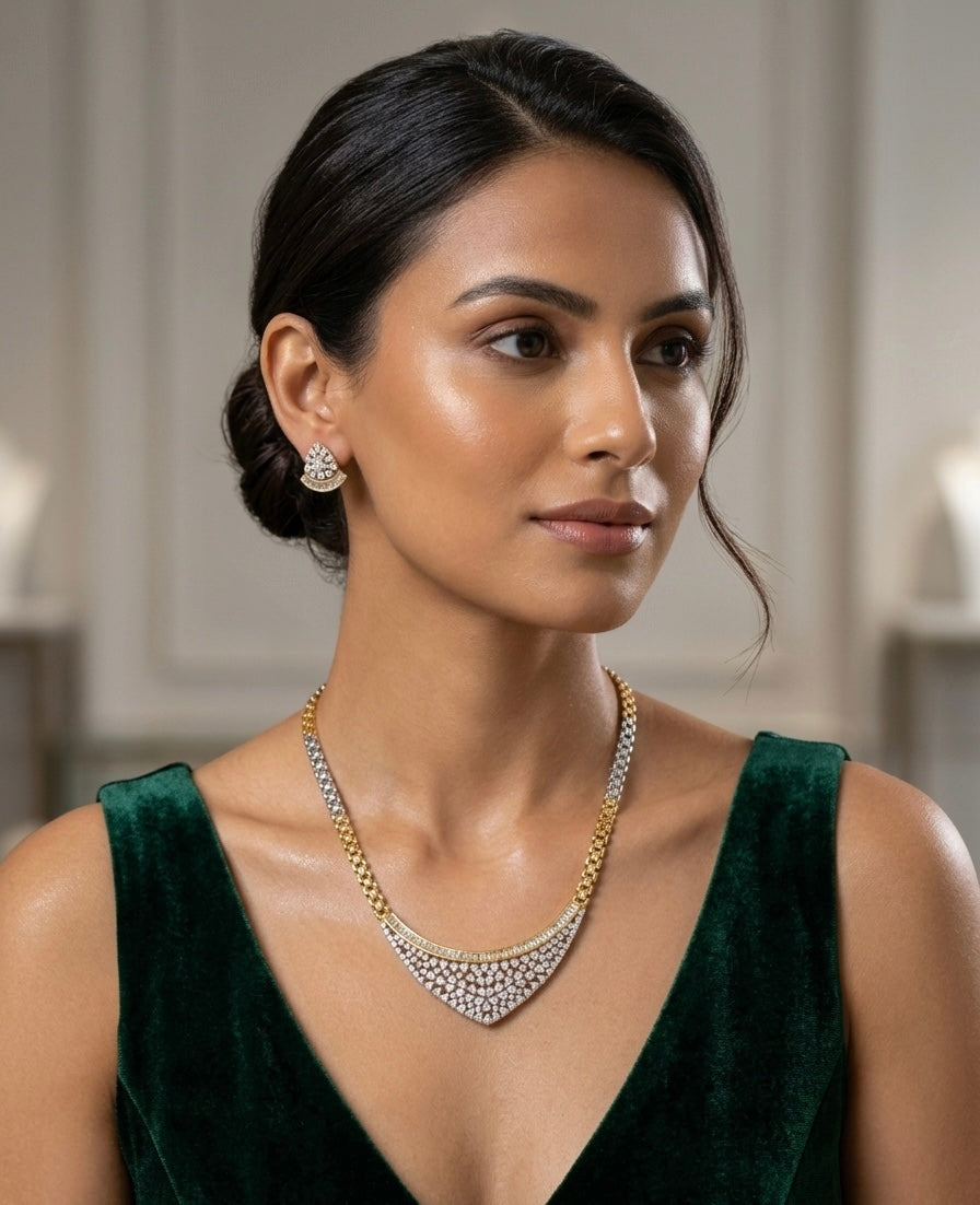 Exquisite Diamond and Gold V-Shape Necklace & Earring Set | By LOLSTUDIO