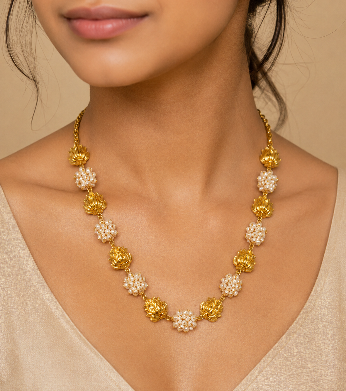 Lotus Pearl Elegance Necklace | Elegant Gold Floral Fashion Jewellery