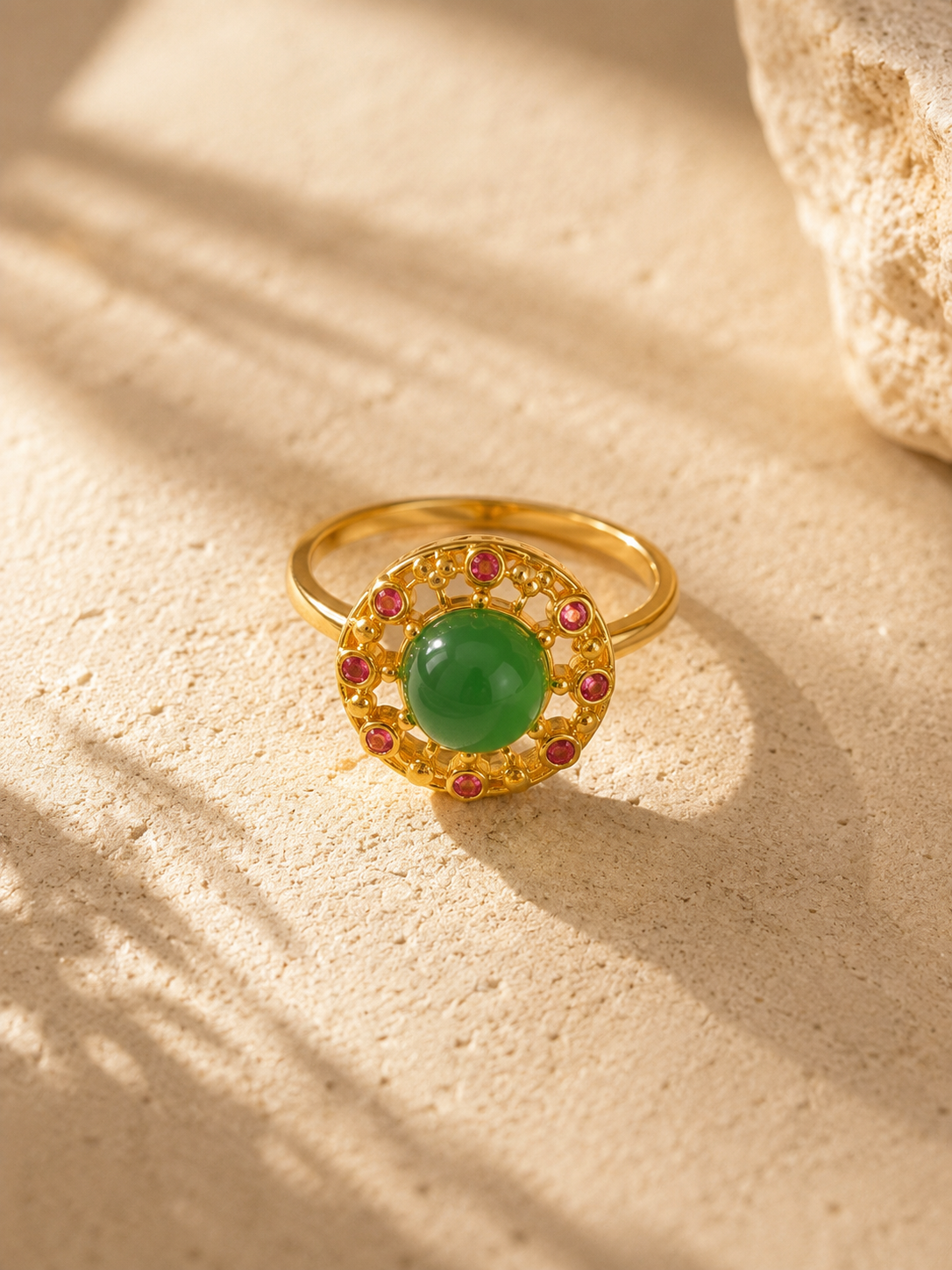 Emerald Halo Gold Statement Ring Adjustable