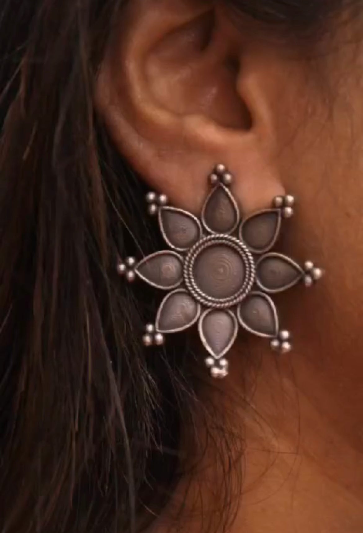 Floral Tribal Silver Stud Earring