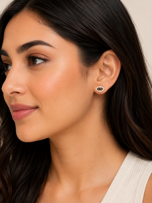 Evil Eye Crystal Stud Earrings – Gold-Tone Protective Charm Earrings