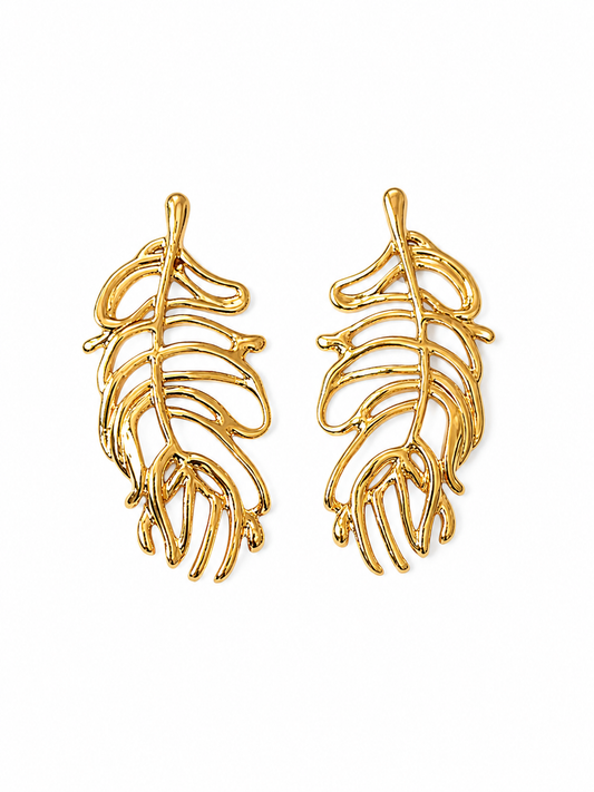 Golden Tropical Leaf Stud Earrings | Anti-Tarnish Nature-Inspired Statement Earrings