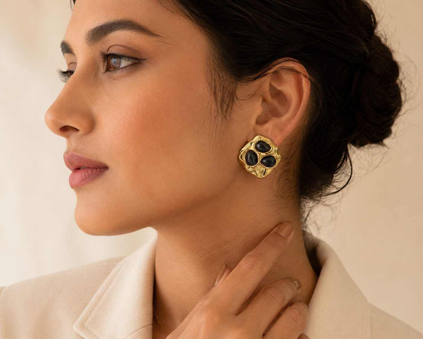 Black Onyx Textured Gold Stud Earrings | Contemporary Statement Earrings
