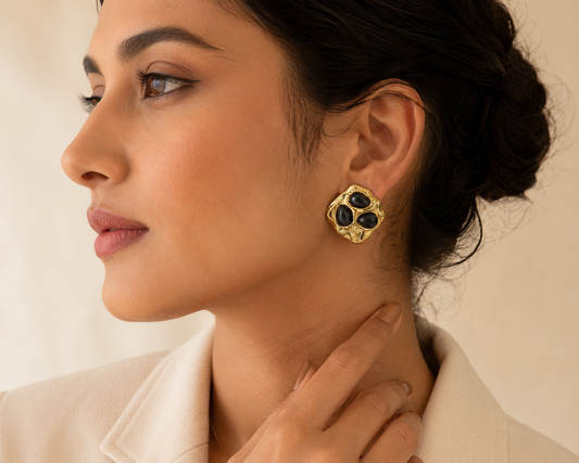 Black Onyx Textured Gold Stud Earrings | Contemporary Statement Earrings