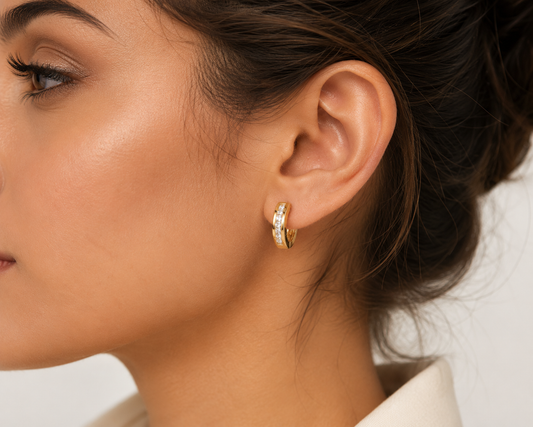 Gold Crystal Huggie Hoop Earrings | Princess-Cut CZ Minimalist Hoops