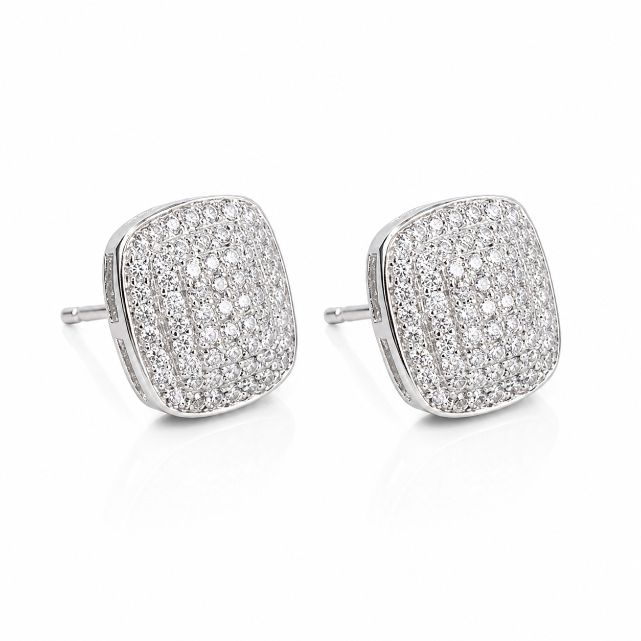 Silver Crystal Pavé Stud Earrings | Cushion-Cut Statement Earrings