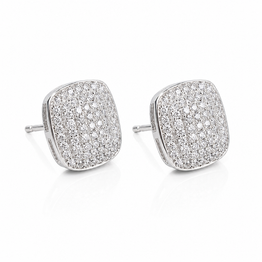 Silver Crystal Pavé Stud Earrings | Cushion-Cut Statement Earrings