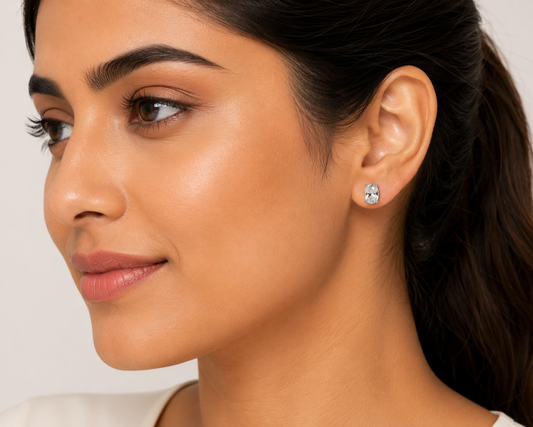 Oval Solitaire Crystal Stud Earrings – Classic Silver-Tone Elegance
