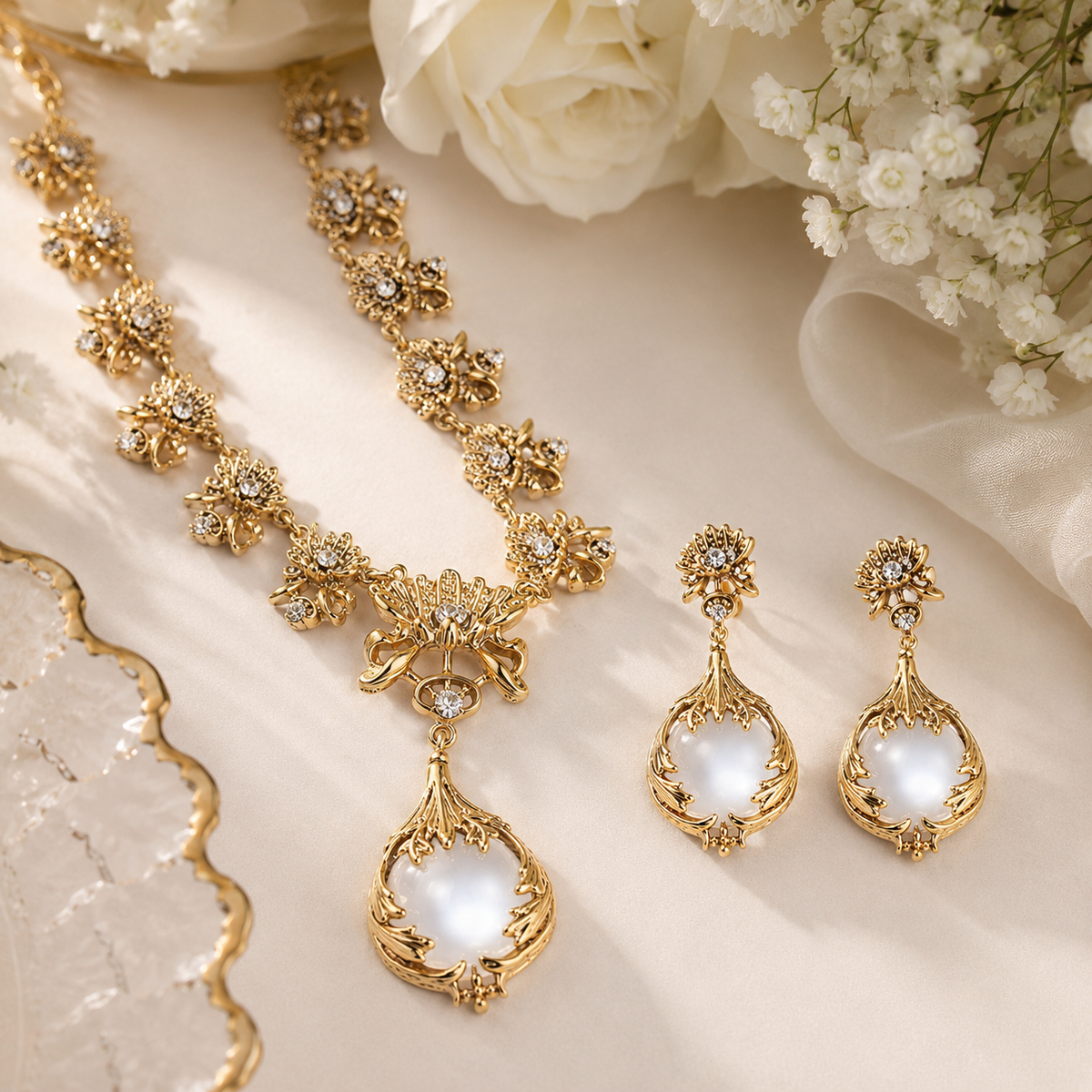 Regal Floral Pearl Necklace Set