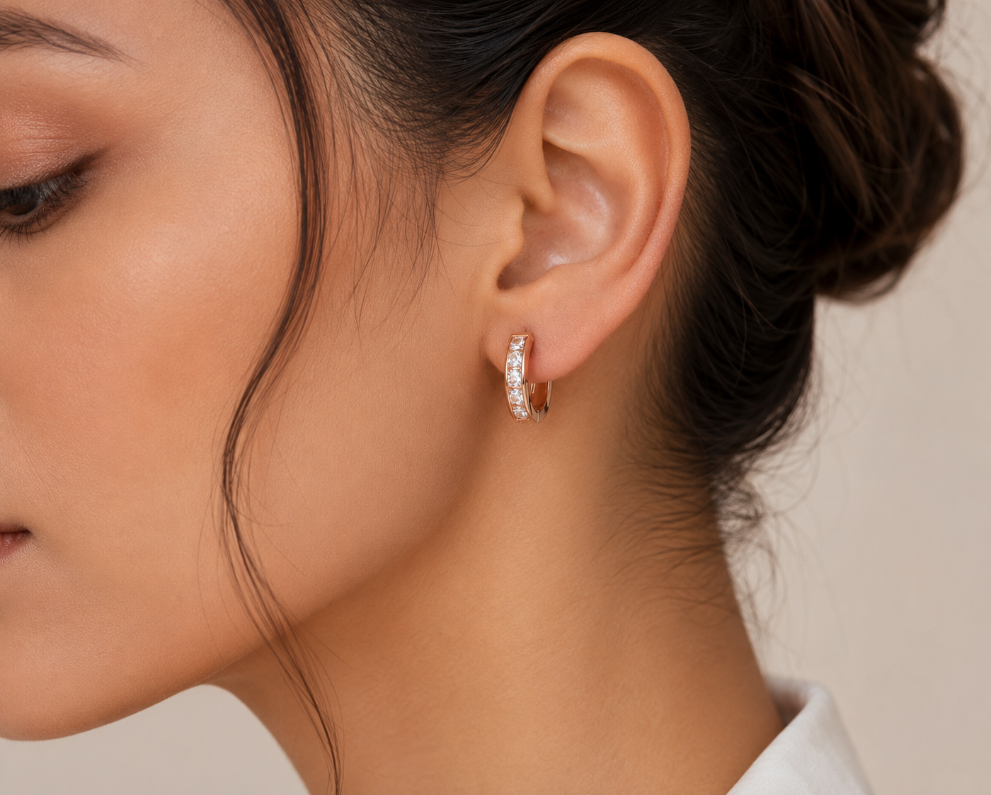 Rose Gold Crystal Huggie Hoop Earrings | Minimalist CZ Hoop Earrings