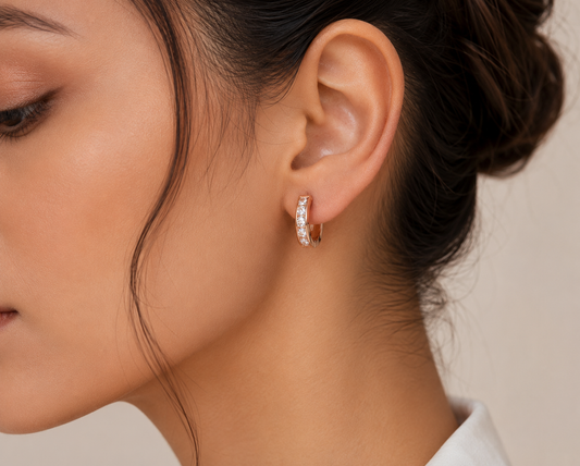 Rose Gold Crystal Huggie Hoop Earrings | Minimalist CZ Hoop Earrings