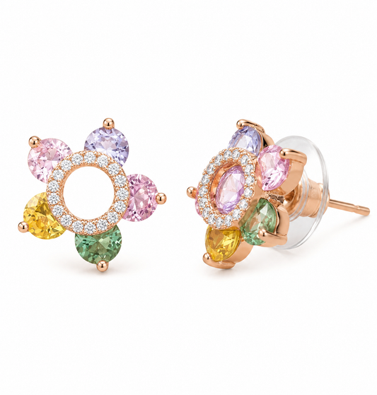 Rainbow Crystal Flower Stud Earrings | Rose Gold-Plated Multicolor CZ Earrings