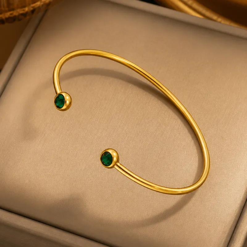 Emerald Glow Gold-Tone Open Cuff Bracelet