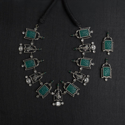 LOLstudio Green Krishna Work Silver Stone Jewelry Set B80