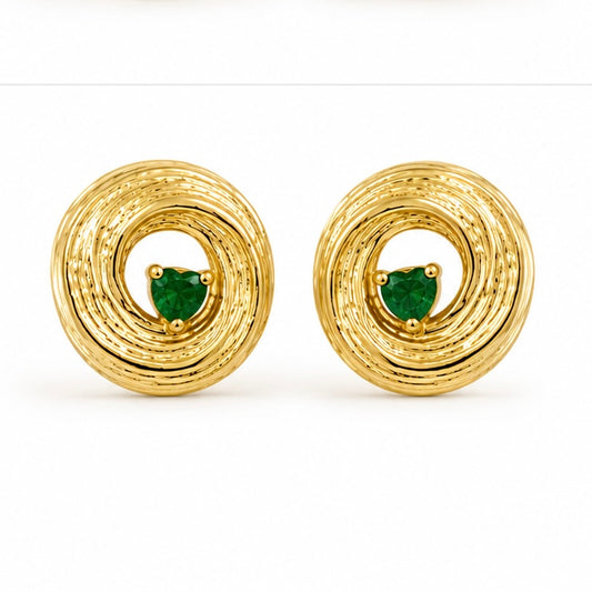 Gold-Plated Green Heart Stone Stud Earrings | Textured Circular Designer Earrings for Women