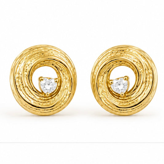 Gold-Plated Textured Circle Stud Earrings with Heart-Cut CZ Stone | Elegant Designer Earrings for Women