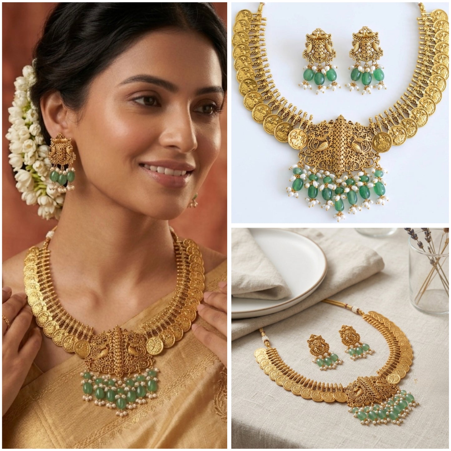 Temple Heritage: Matte Gold Silver Lakshmi Coin Necklace Set