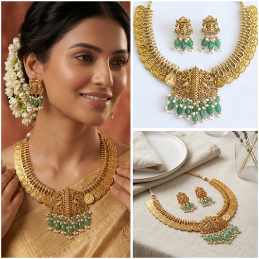 Temple Heritage: Matte Gold Silver Lakshmi Coin Necklace Set