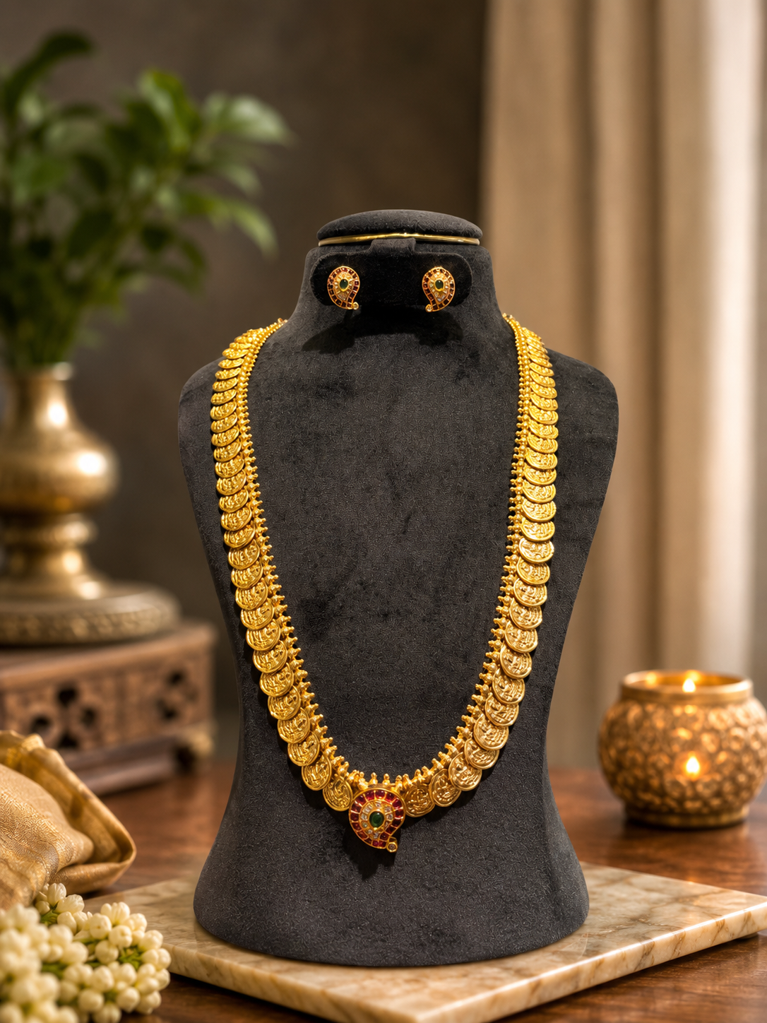 Traditional Temple Gold Necklace Set with Matching Earrings | Bridal & Wedding Jewelry