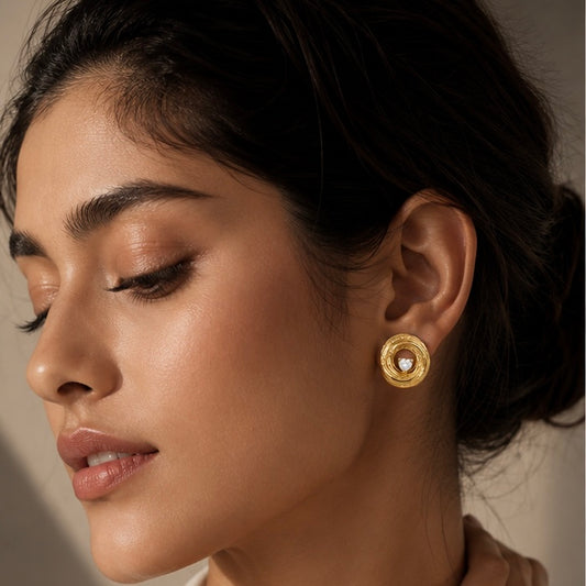 Gold-Plated Textured Circle Stud Earrings with Heart-Cut CZ Stone | Elegant Designer Earrings for Women