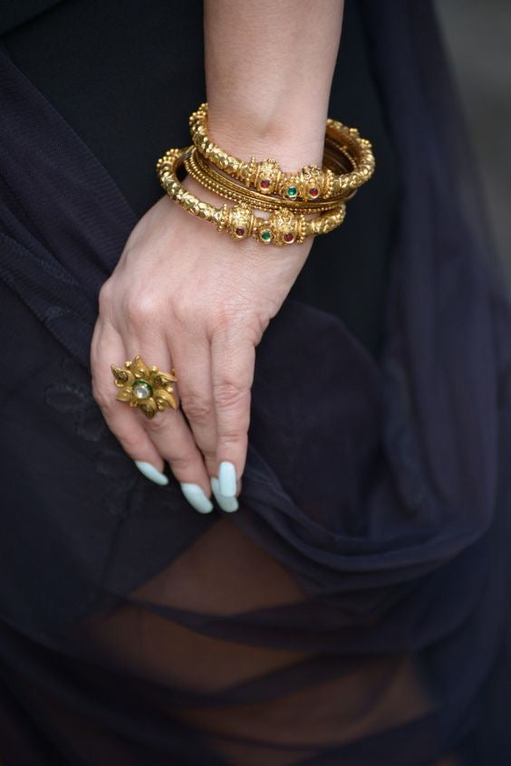 Antique Gold-Plated Navaratna Temple Kada with Intricate Filigree(1 pc)