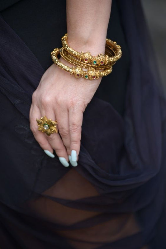 Antique Gold-Plated Navaratna Temple Kada with Intricate Filigree(1 pc)