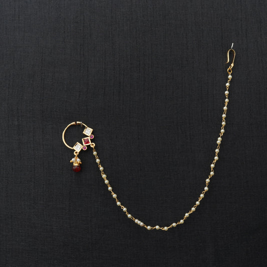 LOLstudio Rajput Press Nose Ring with Kundan and Pearl Chain Extention B180