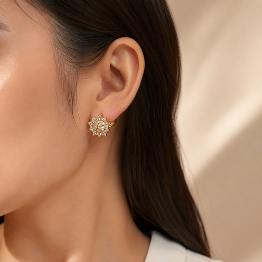 Gold-Plated Floral CZ Hoop Earrings | Sparkling Flower Huggie Earrings for Women