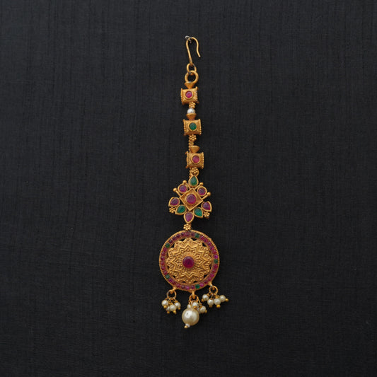 LOLstudio Gold Pearl Ethnic Ruby Emerald Maang Tikka B182