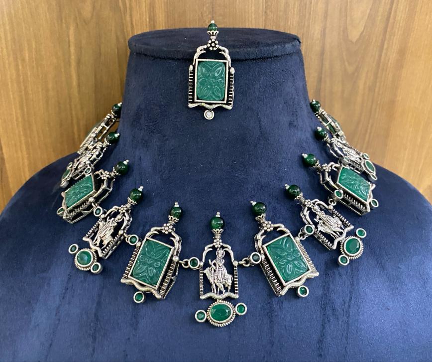 LOLstudio Krishna Temple Silver Emerald Water Stone Jewellery Set LOLB22
