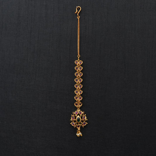 LOLstudio Gold Pearl Ethnic Ruby Emerald Maang Tikka  B184