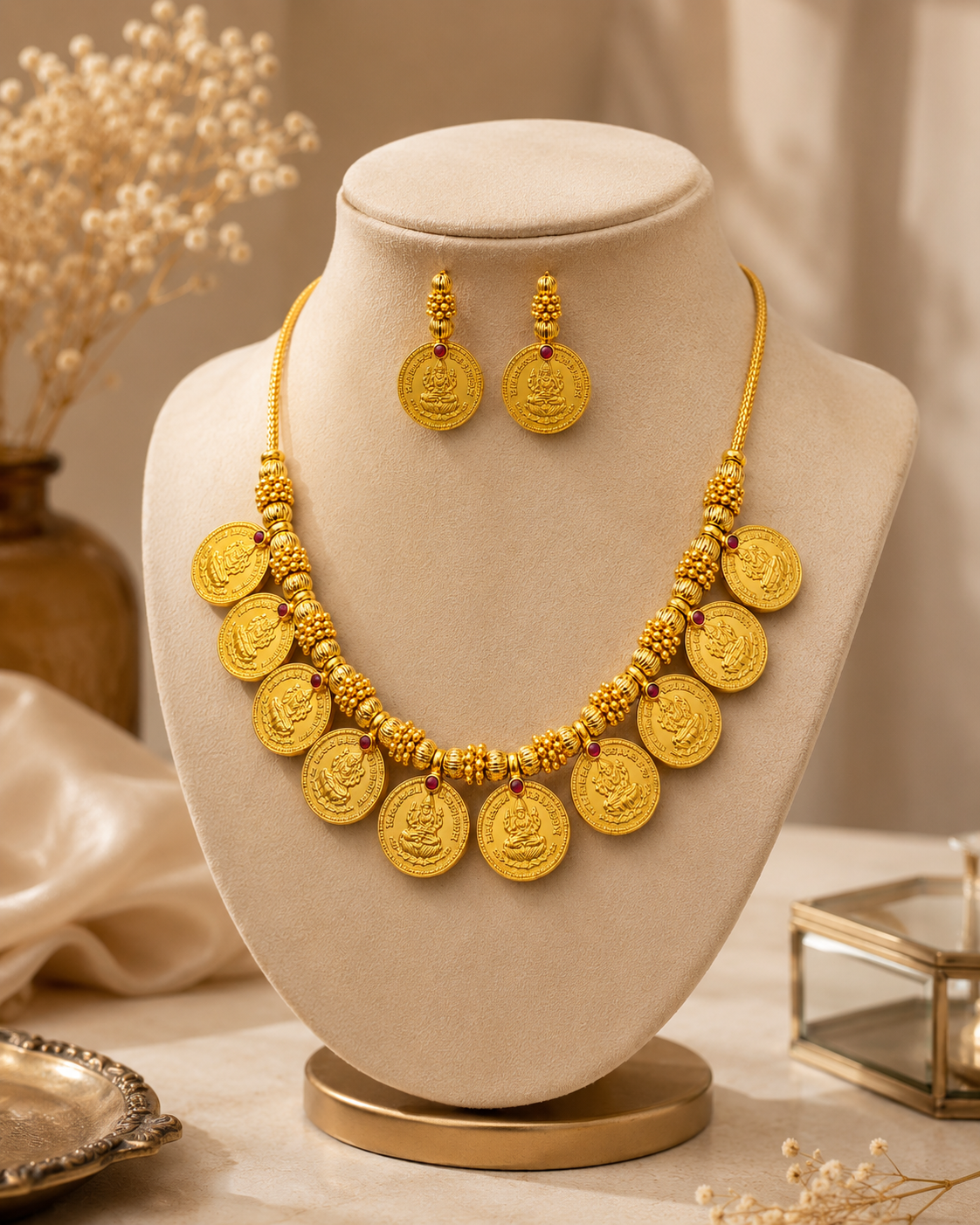 Lakshmi Coin Temple Necklace Set – Antique Gold Finish Traditional Jewelry