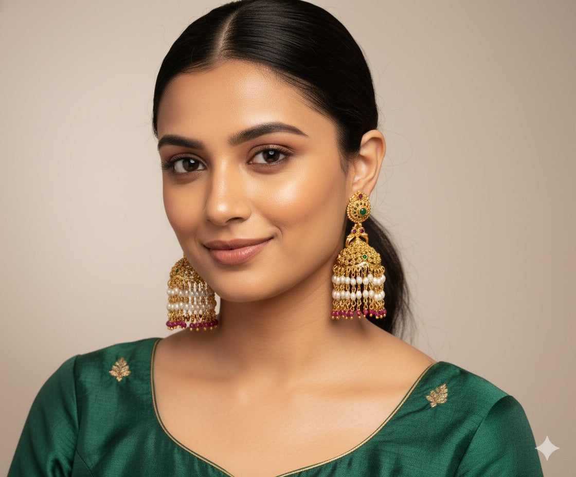 Golden Jhumka Earrings with Pearl and Gemstone Drops