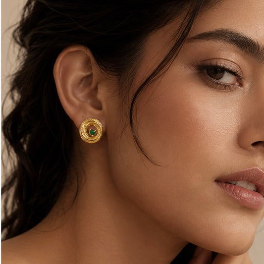 Gold-Plated Green Heart Stone Stud Earrings | Textured Circular Designer Earrings for Women