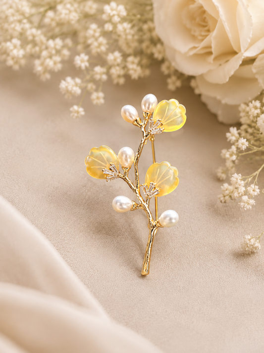 Elegant Gold-Tone Floral Pearl Crystal Brooch for Women