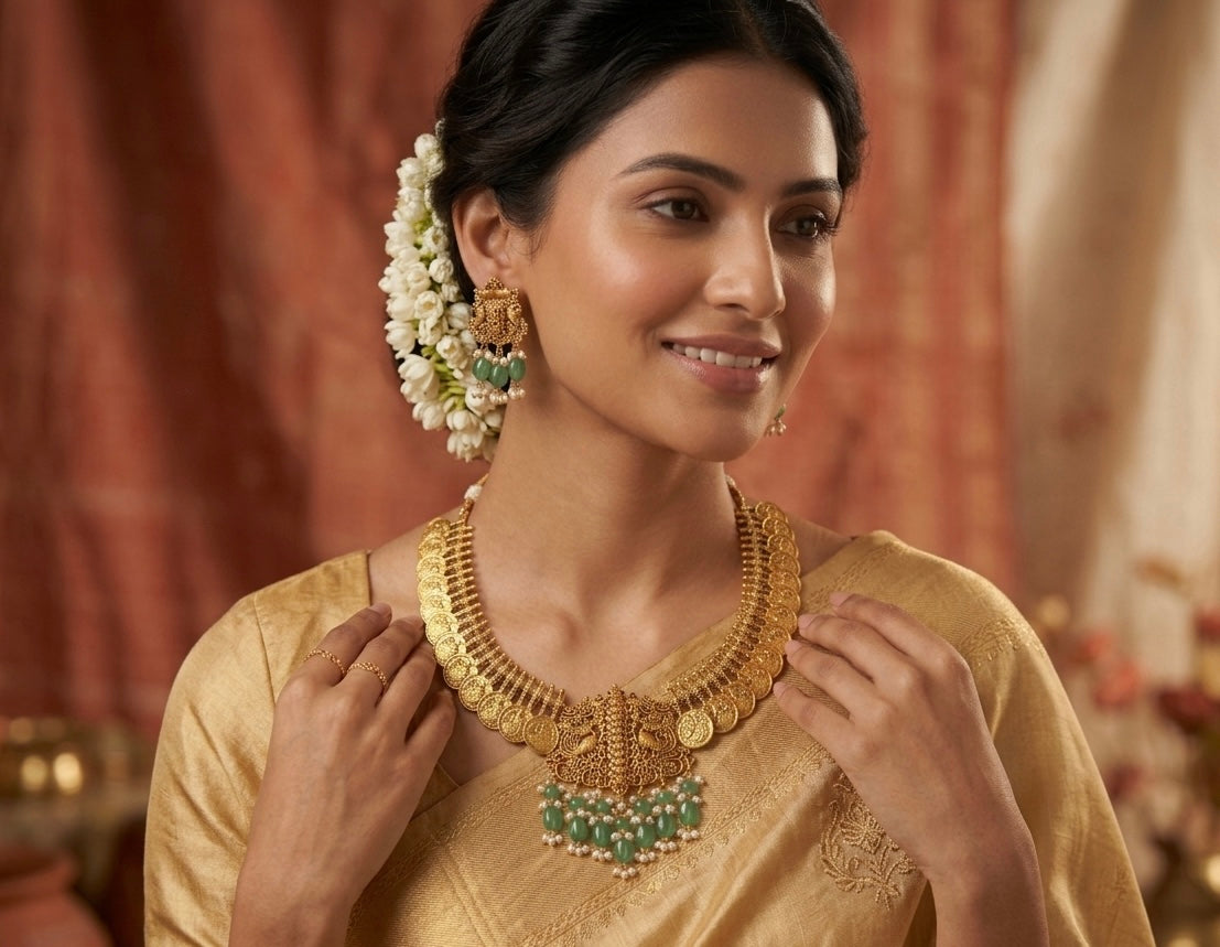 Temple Heritage: Matte Gold Silver Lakshmi Coin Necklace Set