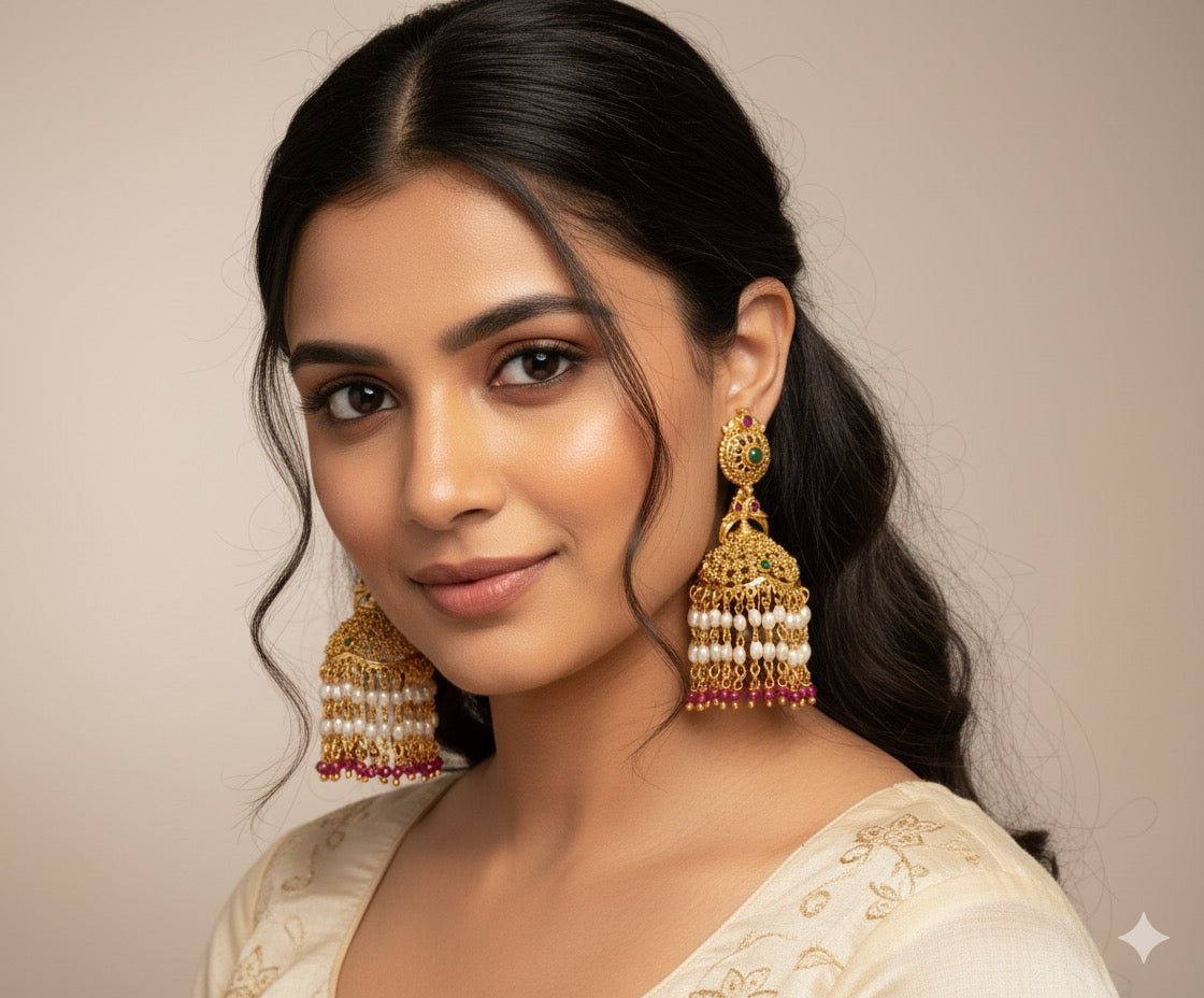 Golden Jhumka Earrings with Pearl and Gemstone Drops