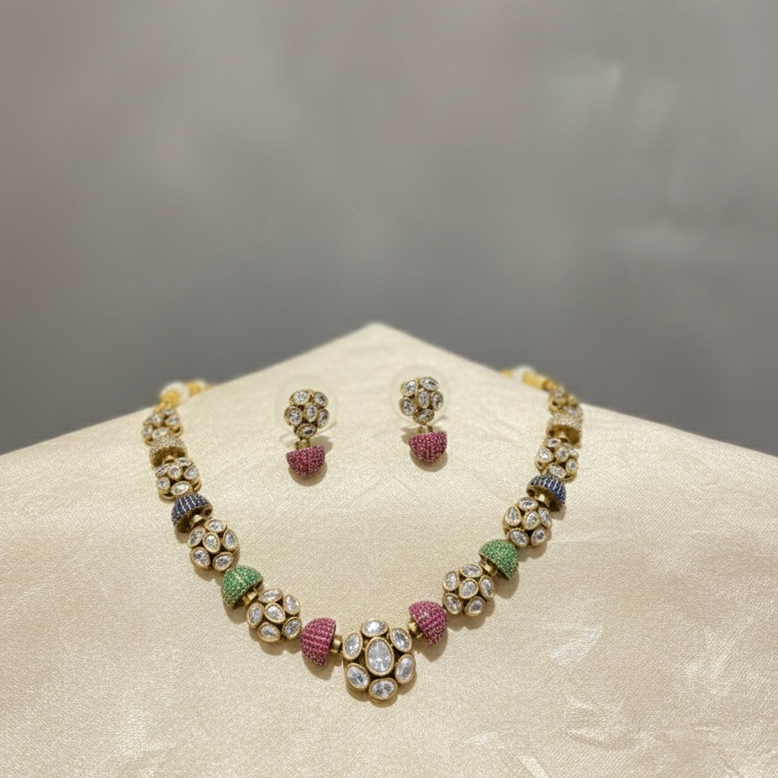 Navratna-Inspired Polki Motif Necklace & Earring Set