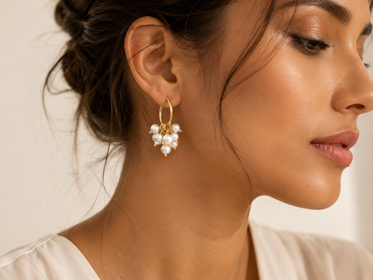Pearl Cluster Hoop Earrings – Elegant Gold-Tone Statement Earrings