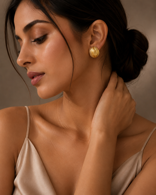 Gold-Plated Textured Leaf Stud Earrings | Elegant Round Designer Earrings for Women