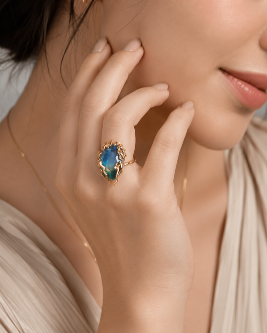 Elegant Gold-Tone Blue Crystal Statement Ring for Women