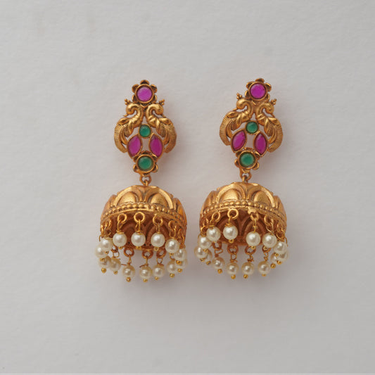 LOLstudio Gold Pearl Ruby and Green Stone Jhumka Earring B284