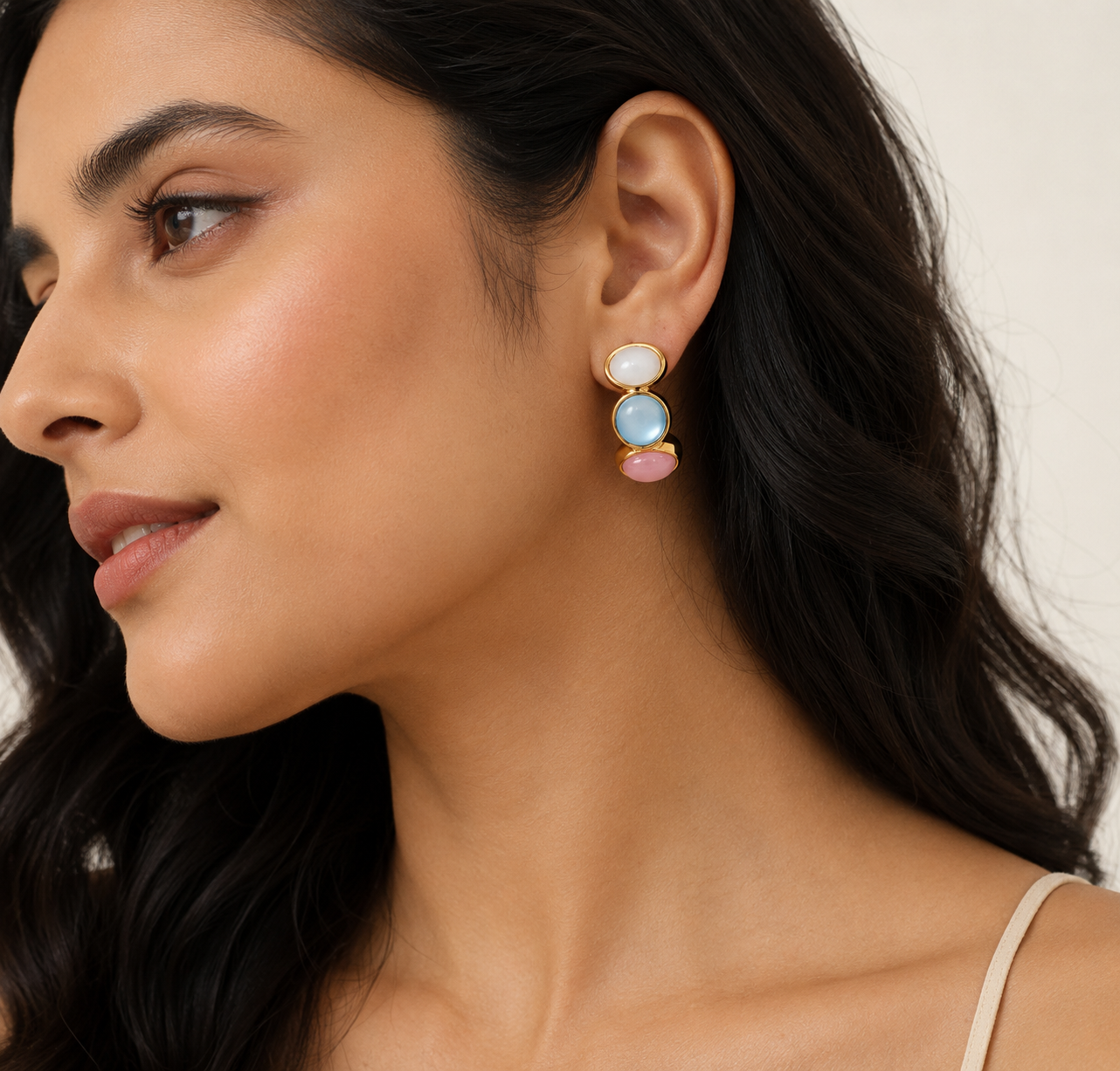 Pastel Triple Stone Stud Earrings | Gold-Plated Statement Earrings