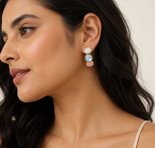Pastel Triple Stone Stud Earrings | Gold-Plated Statement Earrings