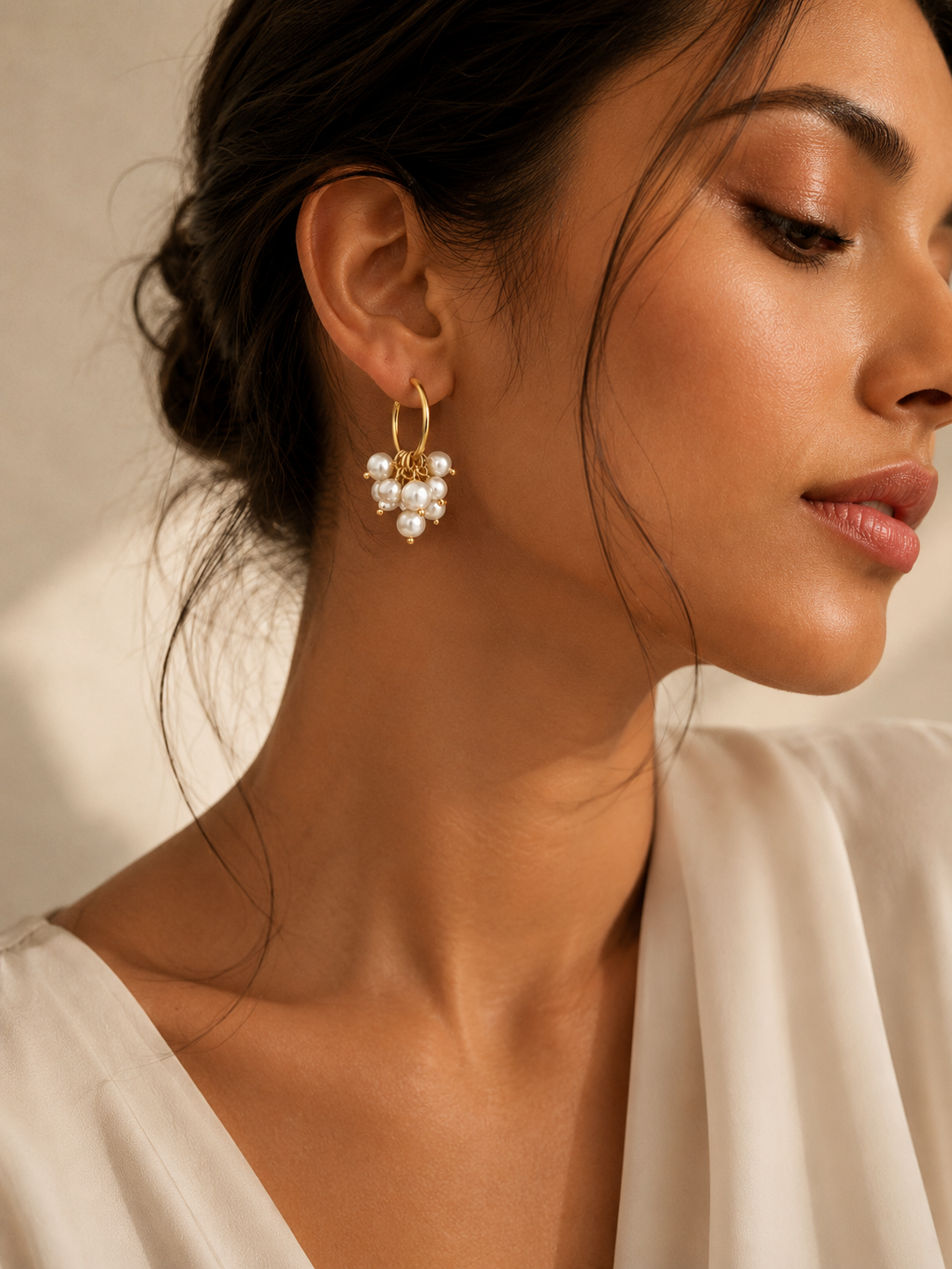 Pearl Cluster Hoop Earrings – Elegant Gold-Tone Statement Earrings
