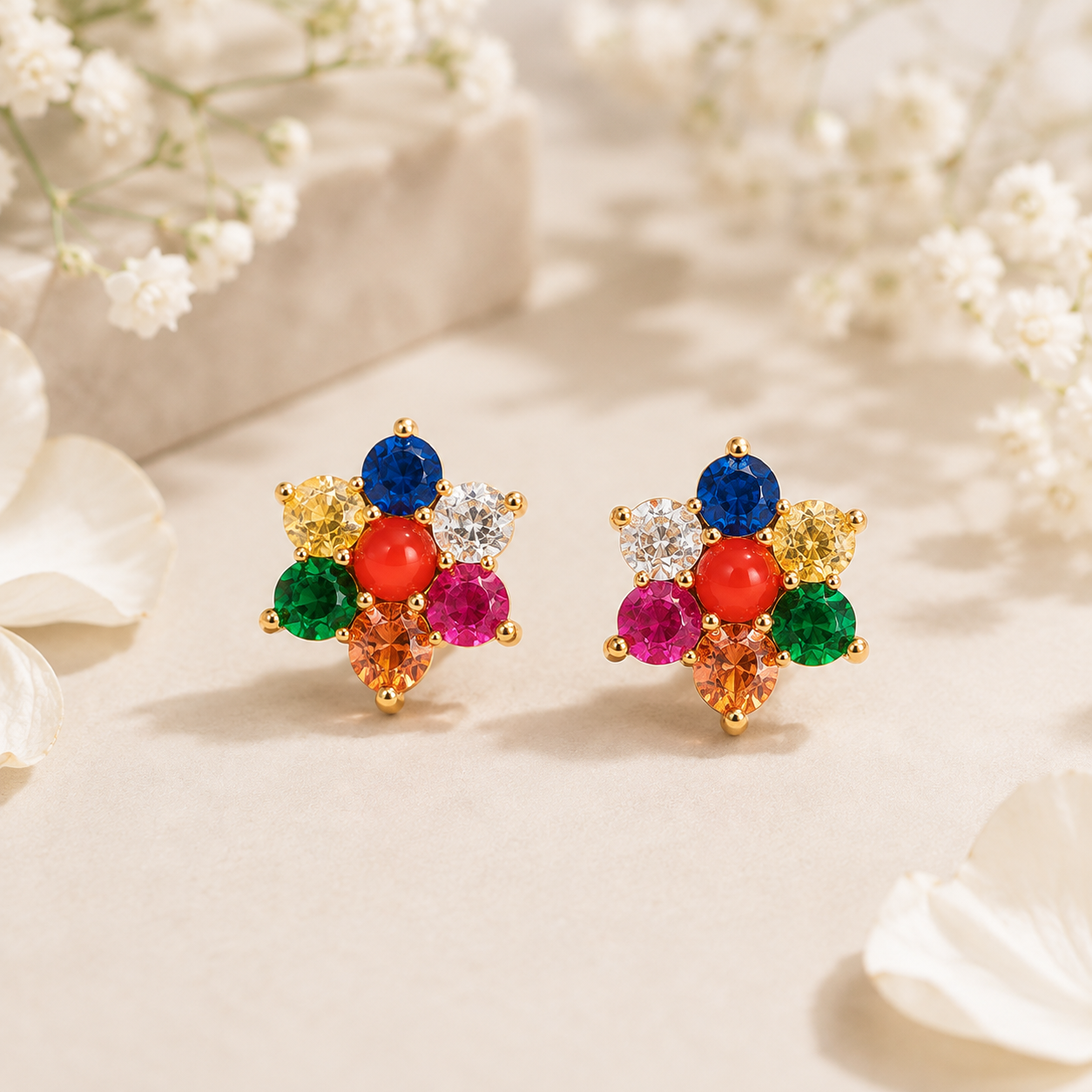 Multicolor Floral Navratna Gemstone Stud Earrings