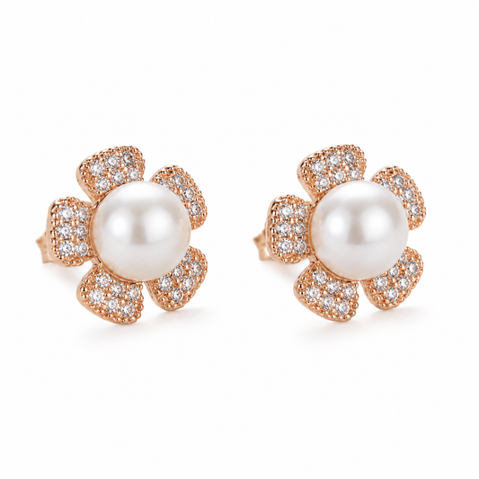 Rose Gold Pearl Flower Stud Earrings | Crystal Floral Earrings for Women