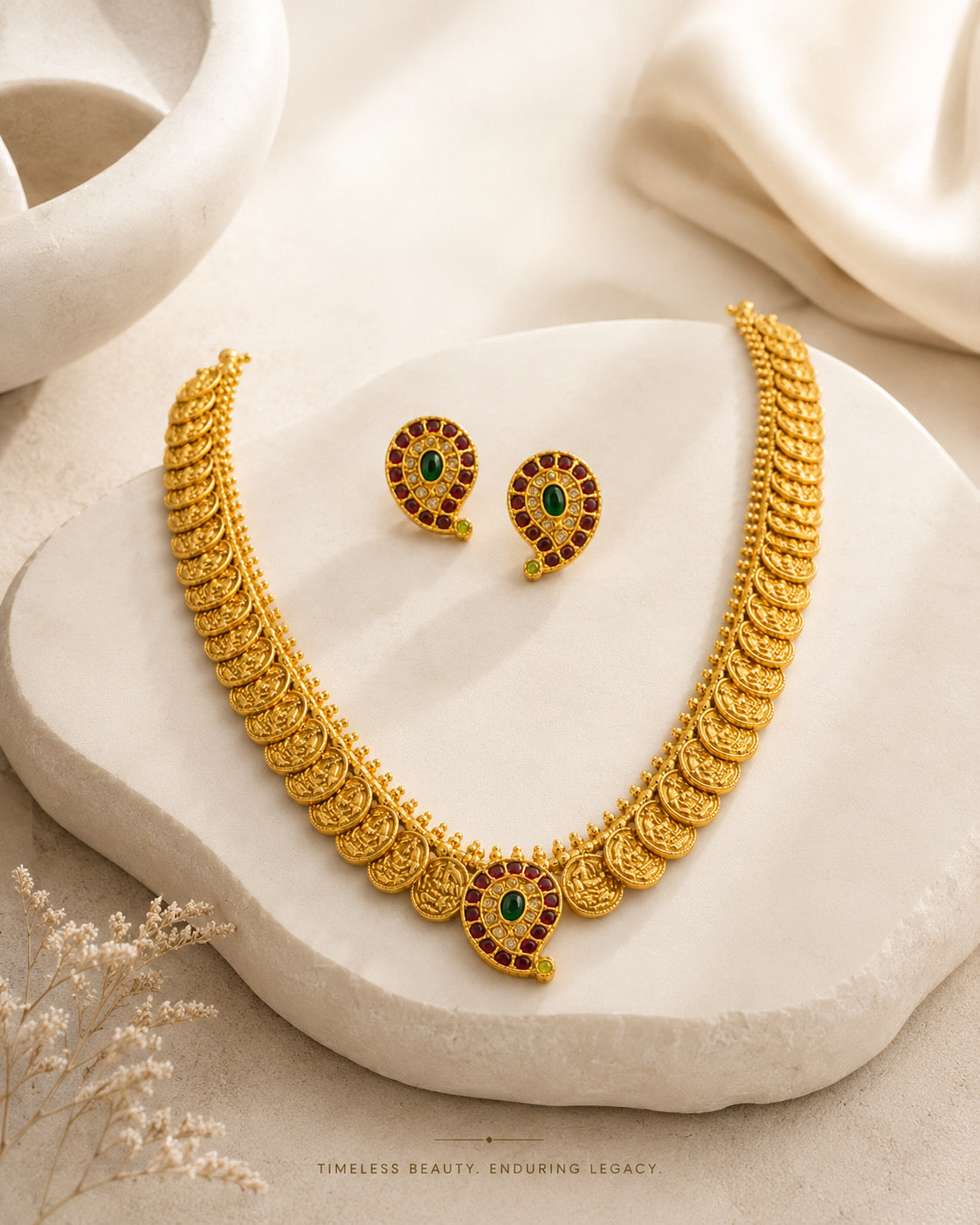 Traditional Temple Gold Necklace Set with Matching Earrings | Bridal & Wedding Jewelry