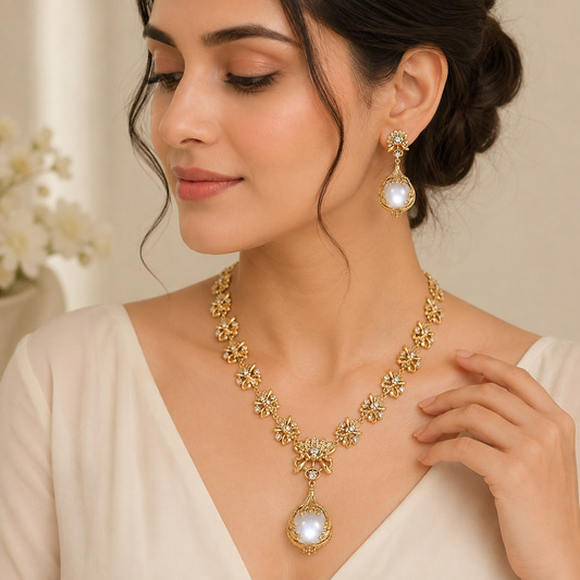 Regal Floral Pearl Necklace Set
